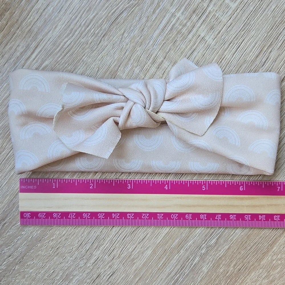 Retro Rainbow Knotted Headband Neutral Boho Beige Hair Wrap Soft Stretch Top